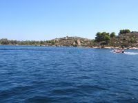 Many boats visit the island Diaporos, which is across the Vourvourou beach