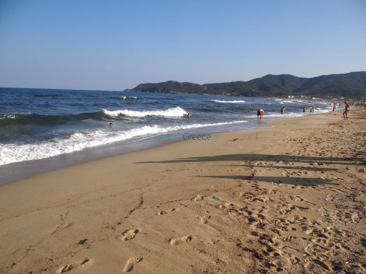 Sarti has a long beach and often big waves