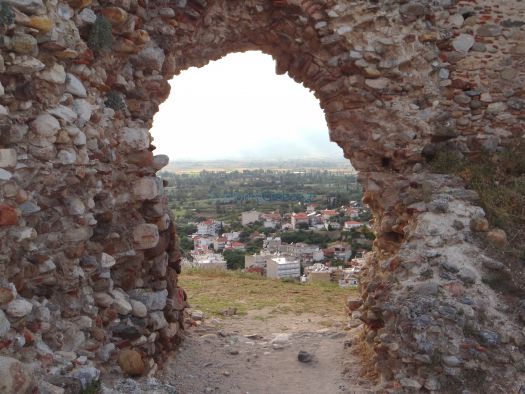 Image of the Byzantine Castle Issaris at Sidirokastro and in the background the town of Sidirokastro
