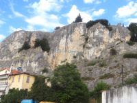 The characteristic vertical gray rock in the center of Sidirokastro