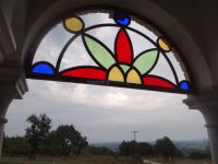 Colorful stained glass in the monastery of Timiou Prodromou at Akritochori