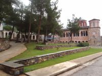 Elegant buildings and gardens in the monastery of Timiou Prodromou in Akritochori